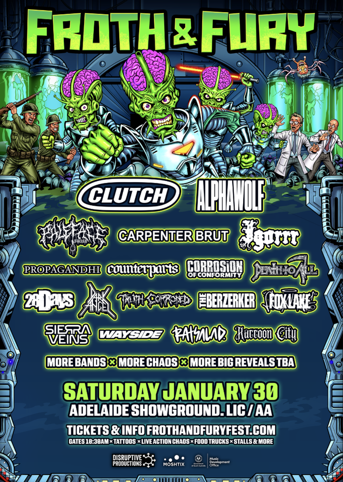 Event poster for Froth & Fury 2027 music festival featuring green alien cartoon art and headliners Clutch and Alpha Wolf.
